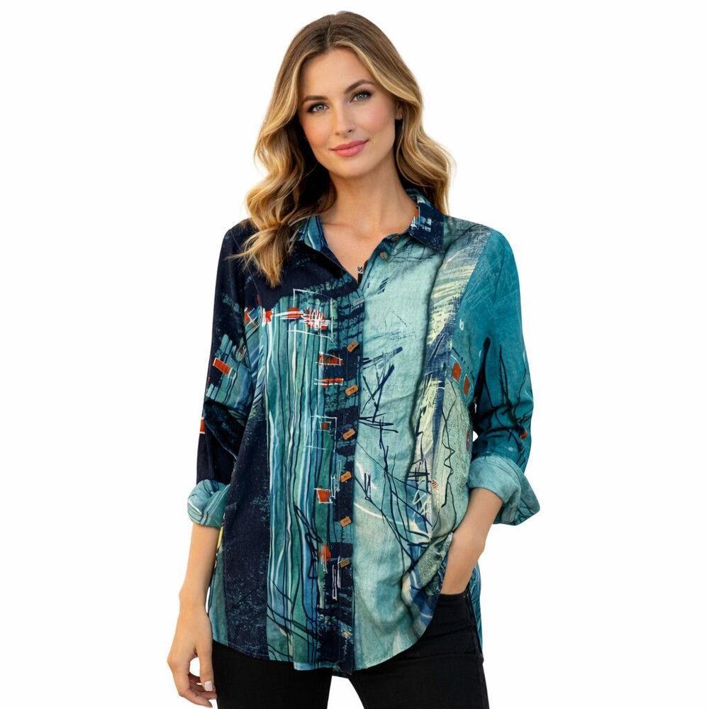 John Mark Tunic Blouse Womens XS Blue Abstract Button Front Long Sleeve Top